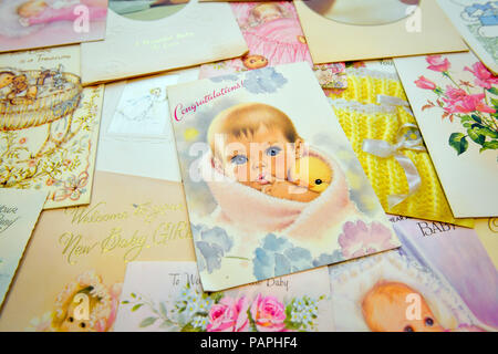 Baby congratulation cards, which form part of the Lesley Brown archive, a collection of items relating to the birth of the first baby born using IVF, Louise Brown, who is celebrating her 40th birthday on Wednesday. Stock Photo