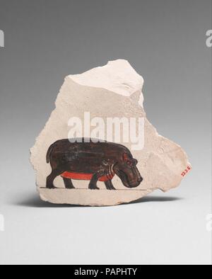 Artist's Painting of a Hippopotamus. Dimensions: h. 10.8 cm (4 1/4 in); w. 12 cm (4 3/4 in); th. 1.7 cm (11/16 in). Dynasty: Dynasty 18. Reign: Joint reign of Hatshepsut and Thutmose III. Date: ca. 1479-1425 B.C..  The hippopotamus on this ostracon was painted with the sure hand of a skilled artist who had no need of a grid. Other ostraca in the collection were clearly made as templates to be used when transferring an image to the wall of a tomb or a temple (see 36.3.252, 23.3.4), or as practice pieces (14.6.191, 30.8.234, 31.4.2). The purpose for this sketch and others (23.3.7, 23.3.33, 26.7. Stock Photo