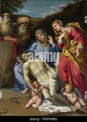 The Lamentation. Artist: Domenichino (Domenico Zampieri) (Italian, Bologna 1581-1641 Naples). Dimensions: 20 7/8 x 14 3/4 in. (53 x 37.5 cm). Date: 1603.  This beautifully preserved picture was painted by Domenichino a year after he moved from his native Bologna to Rome. The composition repeats that of a large altarpiece designed by Annibale Carracci for the church of San Francesco a Ripa, Rome (now in the Louvre, Paris) and this explains why, in the past, the picture was ascribed to Annibale rather than to Domenichino. Annibale greatly admired the talent of his young assistant, who in this pi Stock Photo