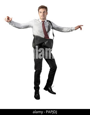 jumping man with bag on white Stock Photo