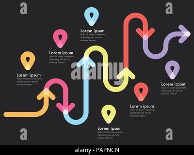 Road way location infographic template with pin pointer. Winding road on a white background. Modern flat design thin line infographic. Vector EPS 10 Stock Vector