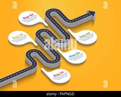 Road way location infographic template with a phased structure. Winding road timeline. Stylish 3D Serpentine in the form of line arrows. Vector EPS 10 Stock Vector