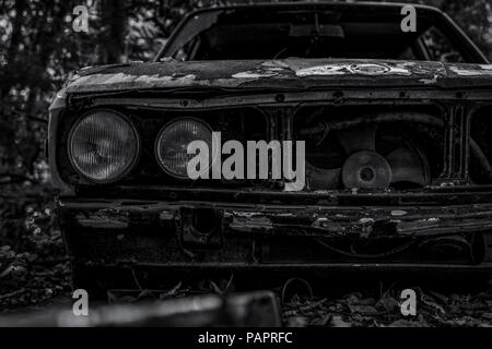Old wrecked car in black and white scene. Abandoned rusty car in the forest. Closeup front view of decayed and rusty wrecked abandoned car. The art of Stock Photo