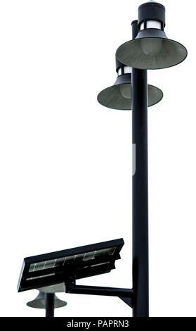 Street lamppost with solar cell panel power. Electric pole with solar energy. Green energy concept. Renewal energy in modern city. Alternative electri Stock Photo