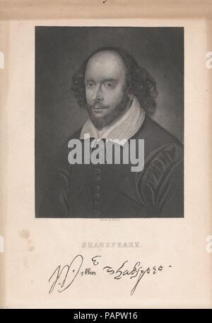 William Shakespeare. Dimensions: Sheet: 7 13/16 × 5 7/16 in. (19.8 × 13.8 cm). Publisher: Illman and Sons (American, Philadelphia, active 19th century). Subject: William Shakespeare (British, Stratford-upon-Avon 1564-1616 Stratford-upon-Avon). Date: mid-19th century.  This engraved book illustration is based on the Chandos portrait of Shakespeare, a painting with a good claim to have been made during he subject's lifetime. Once owned by the Duke of Chandos, the painting later became the first to enter London's National Portrait Gallery in 1856. The subject wears a beard and mustache, plain dou Stock Photo