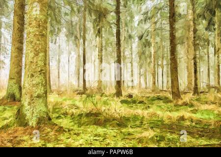 Digital art painting of an original photo of a foggy pine forest in the fall. This impressionist oil painting canvas effect produces a beautiful print Stock Photo