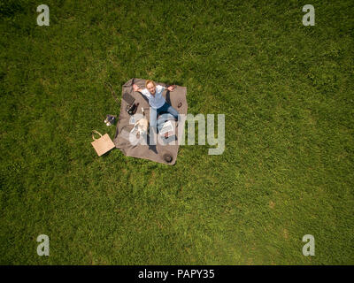 Bird's eye view of woman sitting on blanket on meadow with dog and laptop Stock Photo