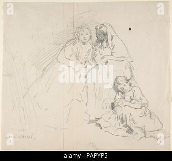 Sketch of Two Seated Women with Young Girl Sitting at Their Feet; Verso: Sketch of a Woman. Artist: Charles Baugniet (Belgian, 1814-1886). Dimensions: 8 9/16 x 9 3/4 in.  (21.7 x 24.7 cm). Date: 1830-86. Museum: Metropolitan Museum of Art, New York, USA. Stock Photo