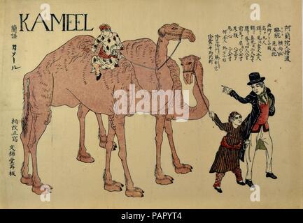 Camels with Dutch Handlers. Artist: Unidentified Artist Japanese, 19th century. Culture: Japan. Dimensions: Sheet: 12 3/8 x 17 5/16 in. (31.4 x 44 cm). Date: ca. 1821.  In this horizontally oriented, oversized (dai-oban) woodblock print, a Dutchman escorts the procession of a male and female camel handled by two Arabian attendants in handsomely patterned clothes. At the upper left is the Dutch word 'KAMEEL,' and the term is defined in Japanese to the left. At the upper right is a detailed account of the physical attributes of the animals with the heading, 'Camels brought over by the Dutch.'. M Stock Photo