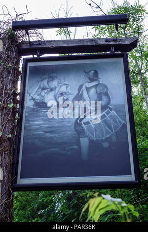 The Drum Inn Pub & Restaurant sign, Cockington Village, Torquay, Devon, UK Stock Photo