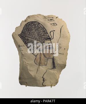 Artist's Sketch of Ramesses IV. Dimensions: H. 18 cm (7 1/16 in); w. 14 cm (5 1/2 in). Dynasty: Dynasty 20. Reign: reign of Ramesses IV. Date: ca. 1153-1147 B.C..  This small artist's sketch shows a king, probably Ramesses IV, in the conventional style of the late New Kingdom wearing the blue crown. A student scribe has made a less than successful attempt to copy the profile on the same limestone flake. The sketch was found in front of the tomb of Ramesses IV in the Valley of the Kings. Museum: Metropolitan Museum of Art, New York, USA. Stock Photo