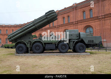 ST.PETERSBURG, RUSSIA Fighting vehicle 9A52 300-mm multiple rocket launchers Smerch 9K58 in Military Artillery Museum. Adopted in 1987.