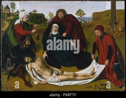 The Lamentation. Artist: Petrus Christus (Netherlandish, Baarle-Hertog (Baerle-Duc), active by 1444-died 1475/76 Bruges). Dimensions: Overall 10 1/8 x 14 in. (25.7 x 35.6 cm); painted surface 10 x 13 3/4 in. (25.4 x 34.9 cm). Date: ca. 1450.  Intended for private devotion, this painting depicts the lamentation over Christ's dead body in terms conducive to empathetic contemplation. The figures of Joseph of Arimathea and Nicodemus lifting Christ's dead body would have stood out, as they are dressed in contemporary attire, reflecting the viewer's own world. Mary's limp pose is meant to suggest he Stock Photo