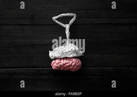 Aluminium bonnet on a brain, brain wash and conspiracy theories Stock Photo