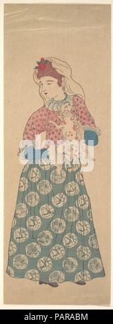 Dutch Woman Holding a Dog. Artist: Unidentified Artist. Culture: Japan. Dimensions: Image: 17 1/16 x 6 1/8 in. (43.3 x 15.6 cm). Date: first half of the 19th century.  This print was not produced in Yokohama but rather in Nagasaki, the only port open to foreign trade until the end of the Edo period and thus Japan's only window to foreign countries. Nagasaki prints usually illustrated exotic sailing ships and Dutch and Chinese people. They were an important source for Yokohama prints. Museum: Metropolitan Museum of Art, New York, USA. Stock Photo