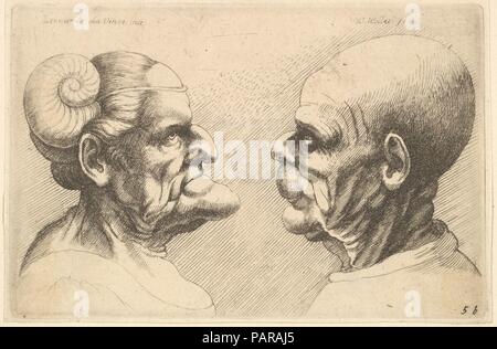 Two deformed heads facing each other. Artist: After Leonardo da Vinci (Italian, Vinci 1452-1519 Amboise). Dimensions: Sheet: 3 1/16 × 4 5/8 in. (7.8 × 11.7 cm). Etcher: Wenceslaus Hollar (Bohemian, Prague 1607-1677 London). Date: 1625-77.  On the left an old woman with an enormous chin and a ram's horn tied to a string around her forehead faces am old man with a bulbous head and sagging cheeks.  After Leonardo. Museum: Metropolitan Museum of Art, New York, USA. Stock Photo