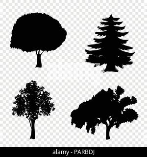 Vector set of trees icons. Black silhouettes of foliar and pine trees isolated on transparent background. Stock Vector