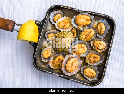 Grilled limpets in the pan served with lemon Stock Photo