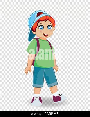 Vector illustration of cute smiling redhead ginger schoolboy with backpack isolated on transparent background. Back to school concept. Little cheerful Stock Vector