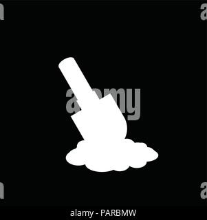 White silhouette of shovel icon in the soil isolated on black background . Spade vector pictogram illustration, sign, template, clip art for design. Stock Vector