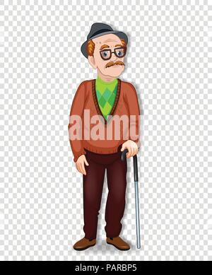 Vector cartoon illustration of an old man character. An elderly full length man with glasses and walking cane wearing hat isolated on transparent back Stock Vector