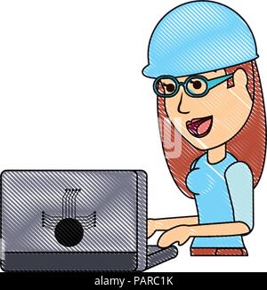 Cryptocurrency mining design with cartoon woman using a laptop computer icon over white background, vector illustration Stock Vector