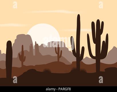 Morning landscape with saguaro cacti and mountains. Vector illustration. Cute brown palette Stock Vector