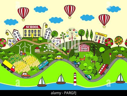 Cute seamless pattern with houses, sea, roads, forest, wing turbines, gardens, cars, and attraction. Design for mats, books games and other kids devel Stock Vector