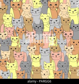Vector seamless pattern with cute cats. Many cats faces background. Hand drawn animals pattern Stock Vector