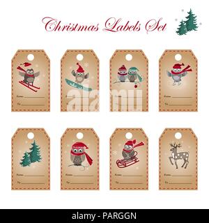Set of greeting labels with cute owls, deer, and fir tree. Vector illustration. Stock Vector