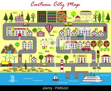 Background of a lively city with houses, streets, an amusement park, cars, suburbs. Design for baby mats, games, books, and other Stock Vector