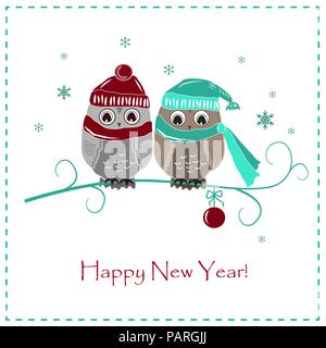 Cute winter illustration Two Owls Boy and Girl in hats and scarves. Vector greeting card Stock Vector