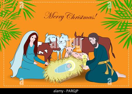 Nativity scene with saint family and animals. Cartoon vector illustration Stock Vector