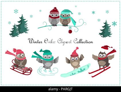 Cute winter owls banner. Winter sport and owls. Vector illustration Stock Vector