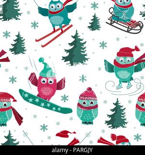 Vector seamless pattern with cute sport owls Stock Vector