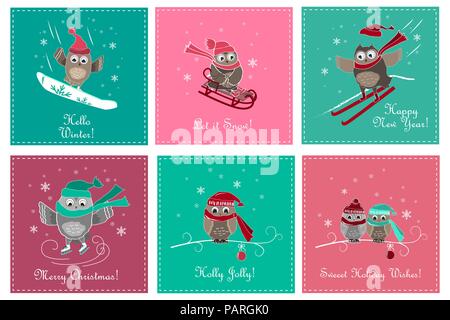 Set of greeting card with cute owls. Christmas and New Year cards with owls and winter sports. Vector illustration Stock Vector