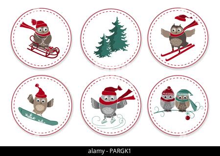 Set of greeting banners with cute blue owls. Vector illustration. Stock Vector