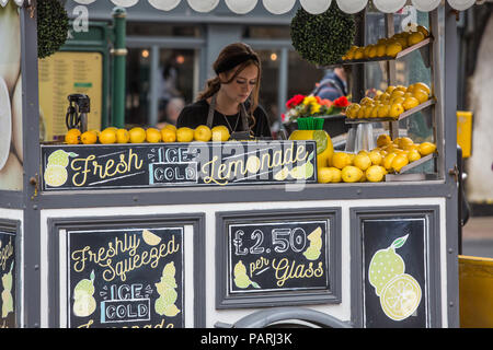 A lemonade stand selling freshly squeezed lemonade to customers during the hot UK weather. Stock Photo