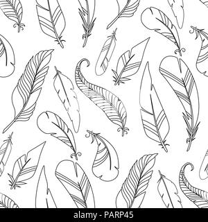 cartoon feather vector seamless pattern bird texture monochrome background Stock Vector