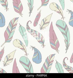 cartoon tribal feather vector seamless pattern bird texture bright background Stock Vector