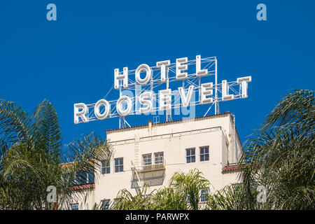 The Hollywood Roosevelt Hotel, Hotel Roosevelt sign on Hollywood Boulevard, Los Angeles, LA, California, USA Stock Photo