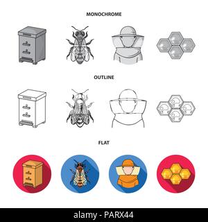 A frame with honeycombs, a ladle of honey, a fumigator from bees, a jar of honey.Apiary set collection icons in flat,outline,monochrome style vector s Stock Vector