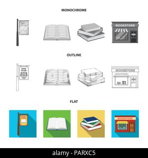 A table with old documents, bookshelves, folders, a visitor. A library and a bookstore set collection icons in flat,outline,monochrome style vector sy Stock Vector