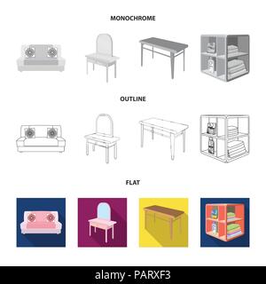 Soft sofa, toilet make-up table, dining table, shelving for laundry and detergent. Furniture and interior set collection icons in flat,outline,monochr Stock Vector