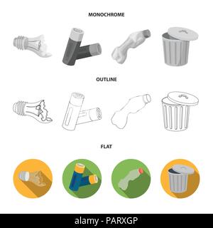 Broken light bulb, used batteries, breaking a plastic bottle, garbage can with a sign.Garbage and trash set collection icons in flat,outline,monochrom Stock Vector