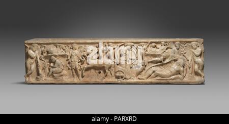 Marble sarcophagus with the myth of Endymion. Culture: Roman. Dimensions: Overall: 19 1/4 x 78 1/4 x 21 in. (48.9 x 198.8 x 53.3 cm). Date: mid-2nd century A.D..  Found on the Via Ardeatina, on the outskirts of Rome  The myth of Endymion, a beautiful shepherd who was so loved by the moon goddess Selene that she gave him eternal youth with eternal sleep, became a popular funerary motif in Roman art. Here, the moon goddess alights from her chariot to visit her reclining lover. Both this sarcophagus and another that faces the open area with a fountain in the courtyard, are decorated with this sub Stock Photo