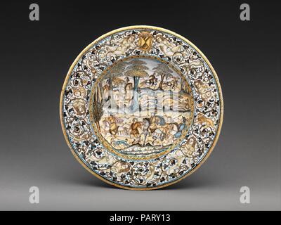 Plate with hunting scene and arms of the Alarçon y Mendoza family. Artist: Francesco Grue (Italian, active Castelli, 1618-1673) or a close associate. Culture: Italian, Castelli. Dimensions: Overall: 1 11/16 × 12 7/16 in. (4.3 × 31.6 cm). Date: ca. 1640-50. Museum: Metropolitan Museum of Art, New York, USA. Stock Photo