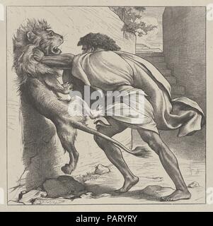 Samson and the Lion (Dalziels' Bible Gallery). Artist: After Frederic, Lord Leighton (British, Scarborough 1830-1896 London). Dimensions: Image: 7 1/4 × 7 1/4 in. (18.4 × 18.4 cm)  India sheet: 9 7/16 × 9 1/4 in. (23.9 × 23.5 cm)  Mount: 16 7/16 in. × 12 15/16 in. (41.8 × 32.8 cm). Engraver: Dalziel Brothers (British, active 1839-1893). Printer: Camden Press (British, London). Publisher: Scribner and Welford (New York, NY). Date: 1865-81. Museum: Metropolitan Museum of Art, New York, USA. Stock Photo
