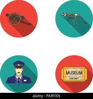 Gun on wheels, dinosaur skeleton, security guard in uniform, admission ticket. Museum set collection icons in flat style vector symbol stock illustrat Stock Vector