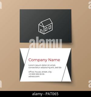 Business card vector template. Building or architectural company. White, black and red colors. House illustration. Minimalistic business style Stock Vector